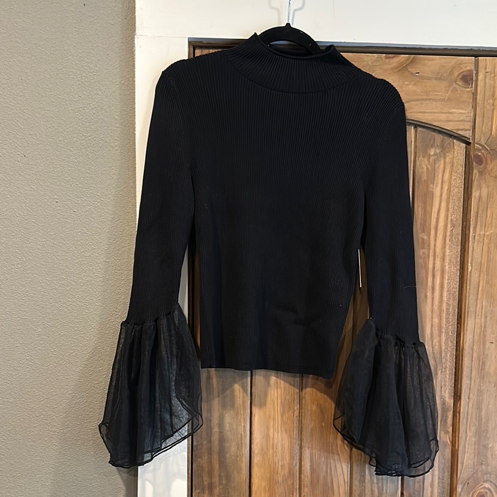 Anthropologie Tulle Sleeve Sweater Bell Sleeve Cuffed Black Pullover Size S NEW